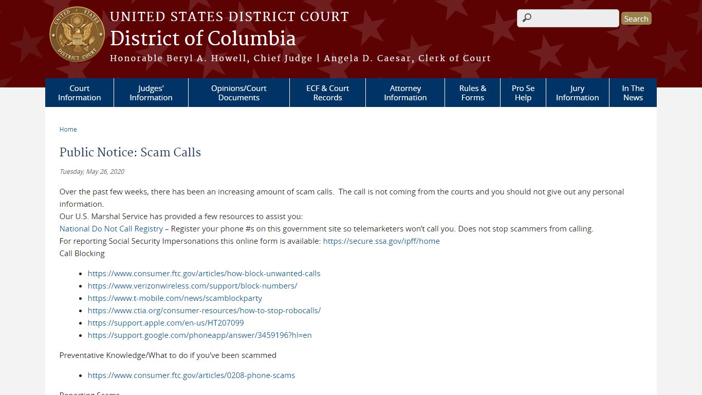 Public Notice: Scam Calls - United States District Court