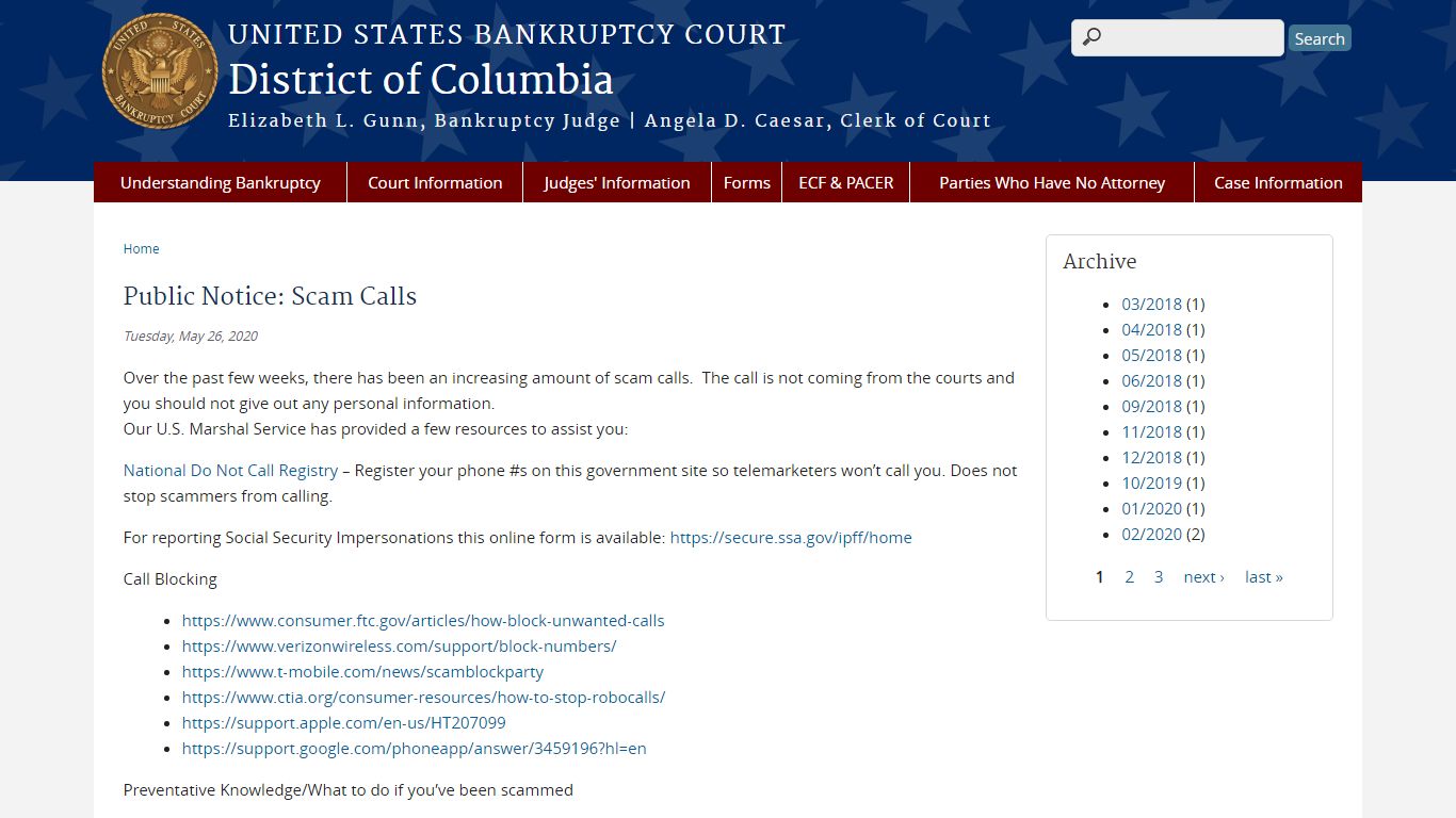 Public Notice: Scam Calls - United States Bankruptcy Court
